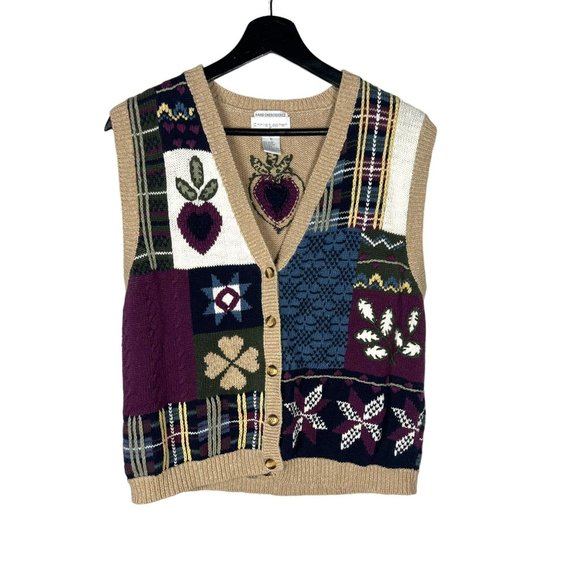 Vintage Jackets & Blazers - Vintage 90s Tan Purple Hand Embroidered Rami Cotton Blend Knit Button Up Vest Me